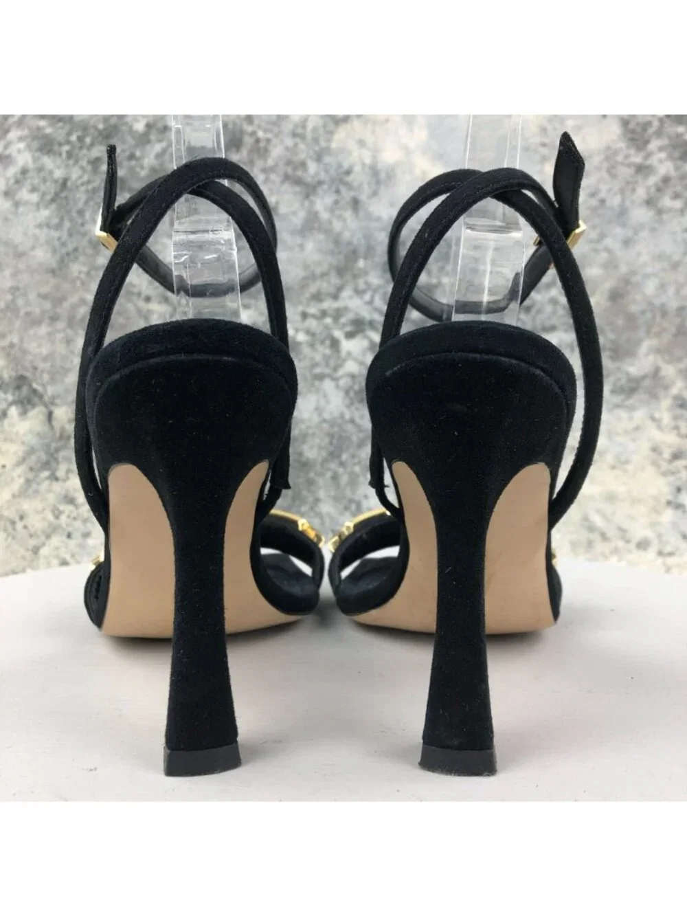 Good American Women' Size 9 Black Gold Chain Ankle Strap High Heel Sandals SPAIN